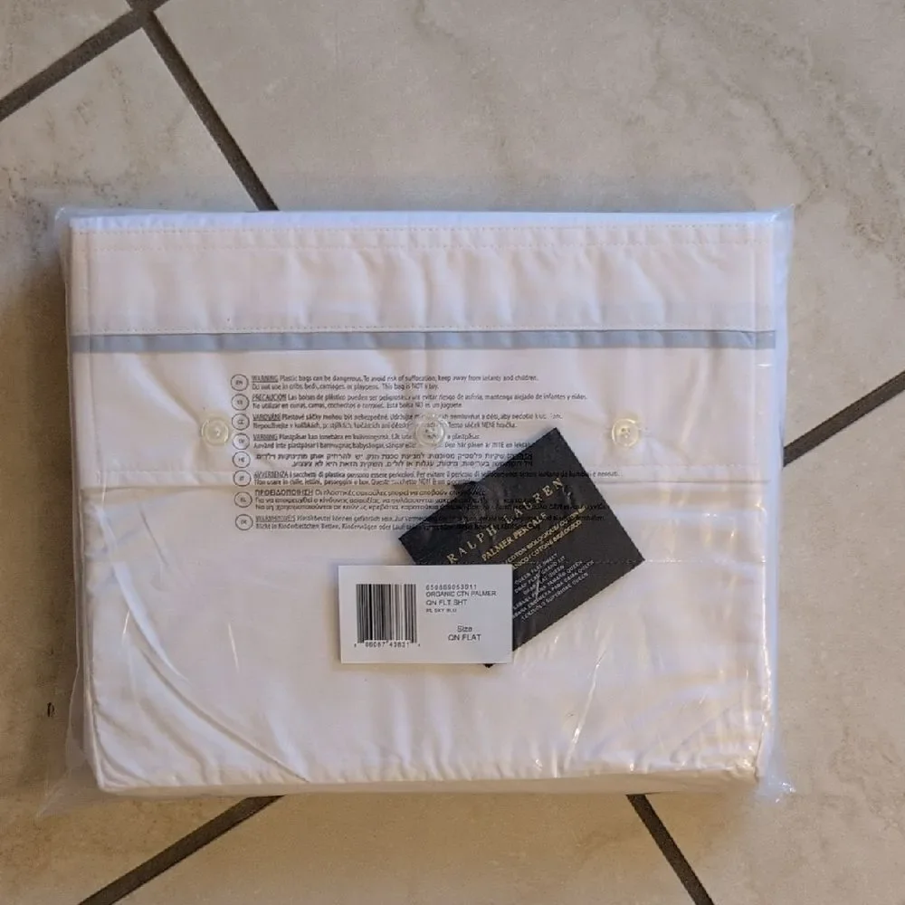 NWT Ralph Lauren Queen Flat Sheet Organic Cotton Palmer Polo Sky Blue
